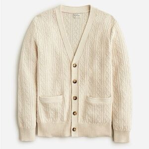 J. Crew Men Heritage cotton pointelle-stitch cardigan sweater Hthr Natural M